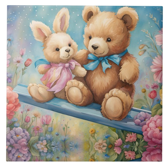 Teddy bear and Bunny In a Pastel Garden Ceramic Tile (Front)