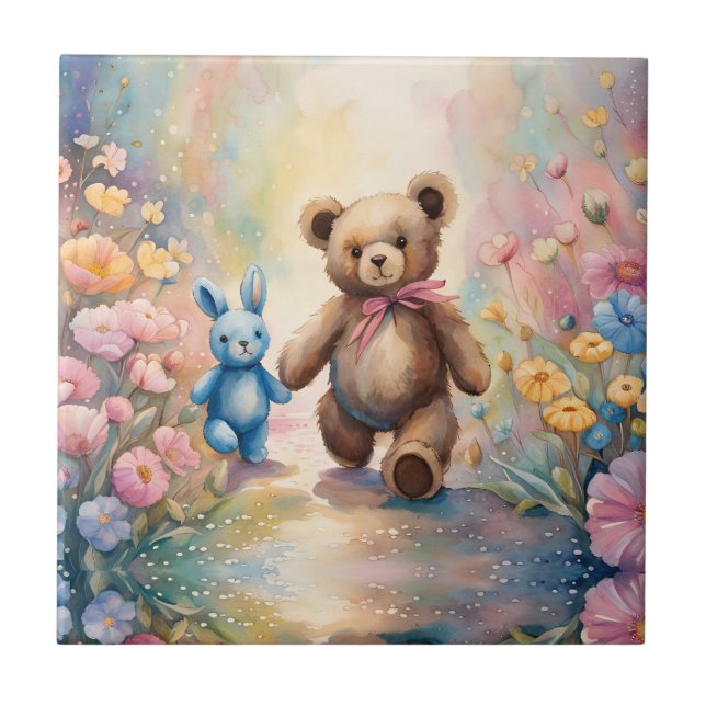 Teddy bear and Bunny In a Pastel Garden Ceramic Tile (Front)