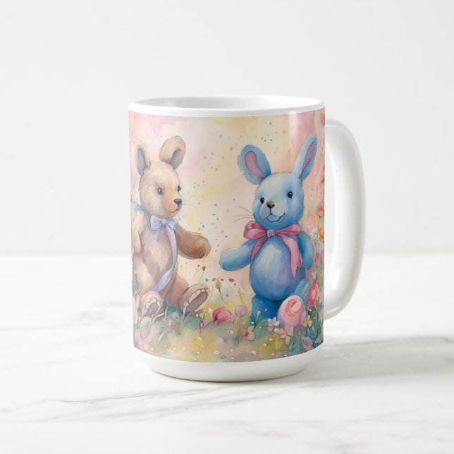 Teddy bear and Bunny In a Pastel Garden Coffee Mug (Front Right)