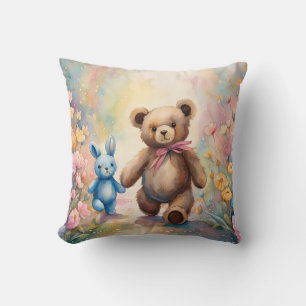 Teddy bear and Bunny In a Pastel Garden Cushion
