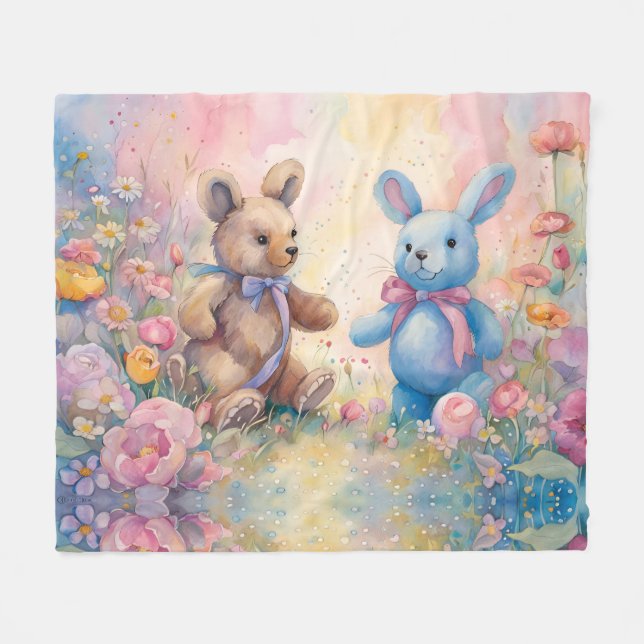 Teddy bear and Bunny In a Pastel Garden Fleece Blanket (Front (Horizontal))