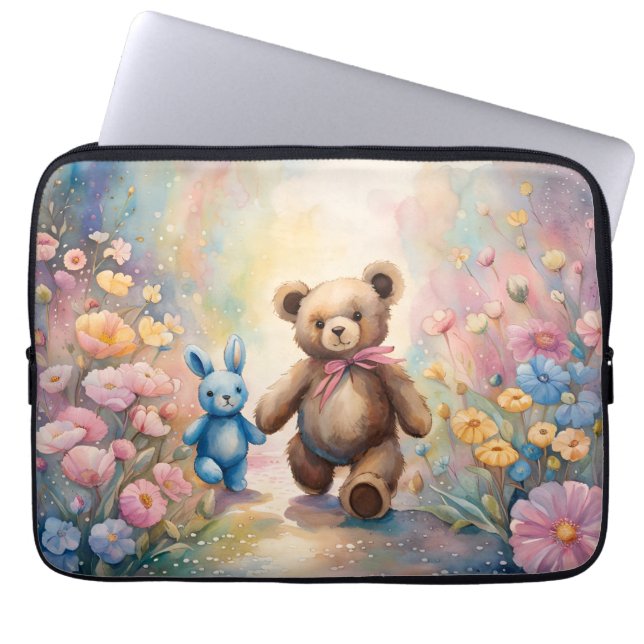 Teddy bear and Bunny In a Pastel Garden Laptop Sleeve (Front)