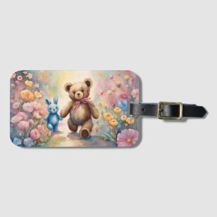 Teddy bear and Bunny In a Pastel Garden Luggage Tag