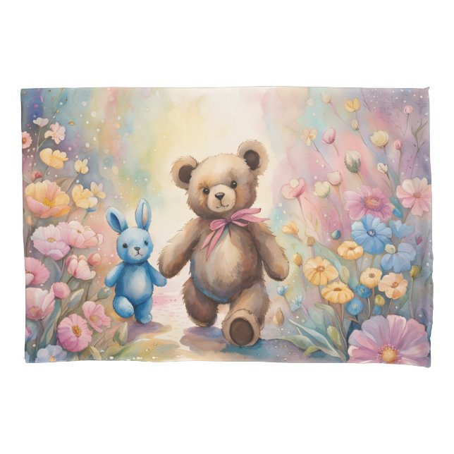 Teddy bear and Bunny In a Pastel Garden Pillowcase (Front)