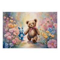 Teddy bear and Bunny In a Pastel Garden