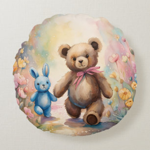 Teddy bear and Bunny In a Pastel Garden Round Cushion