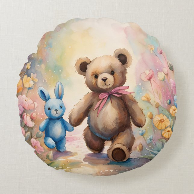 Teddy bear and Bunny In a Pastel Garden Round Cushion (Front)