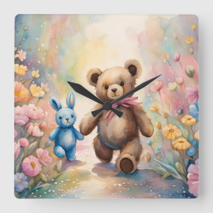 Teddy bear and Bunny In a Pastel Garden Square Wall Clock