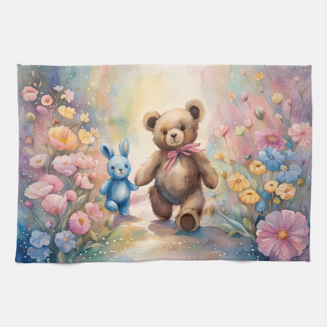 Teddy bear and Bunny In a Pastel Garden Tea Towel (Horizontal)