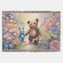Teddy bear and Bunny In a Pastel Garden