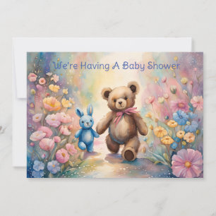 Teddy bear and Bunny In Pastel Garden Baby Shower  Announcement