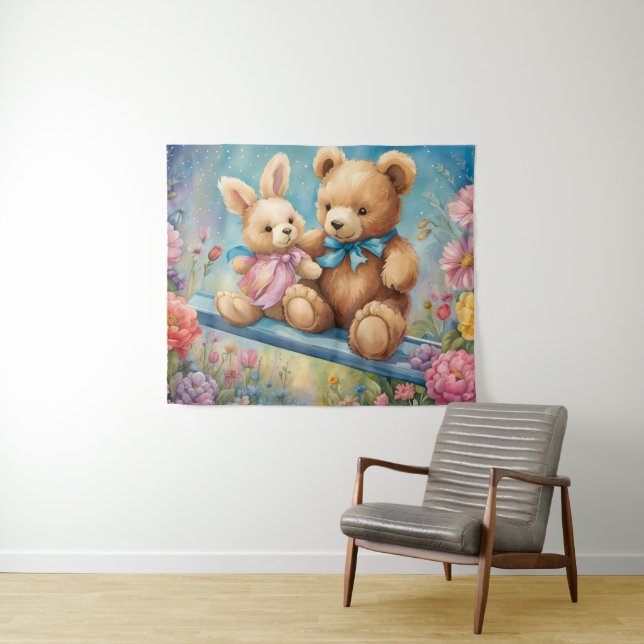 Teddy Bear and Bunny Sitting in garden Tapestry (In Situ (Horizontal))