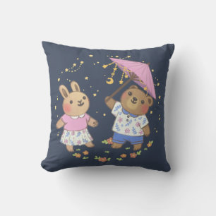 Teddy Bear and Bunny under the Stars Illustration Cushion
