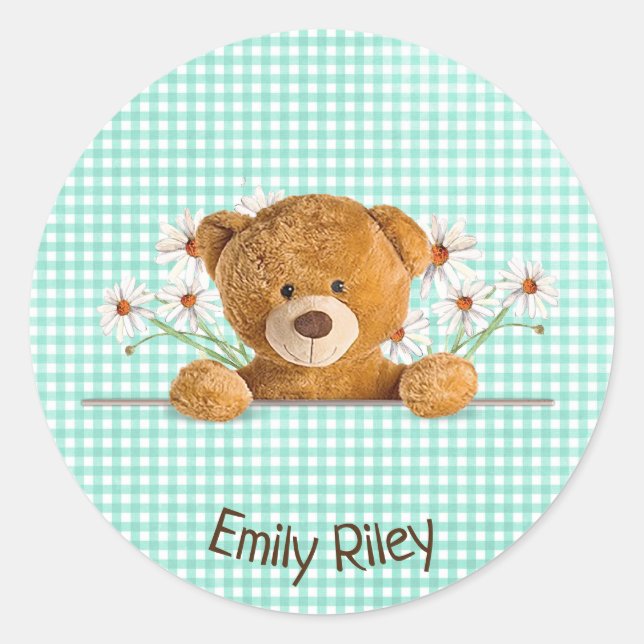 teddy bear and daisies on green gingham classic round sticker (Front)