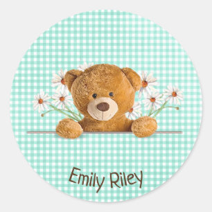 teddy bear and daisies on green gingham classic round sticker