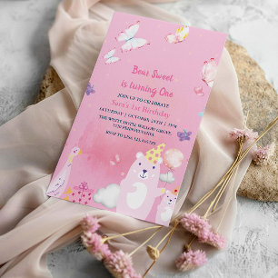 Teddy Bear and duck Pink 1st Birthday baby Girl Invitation