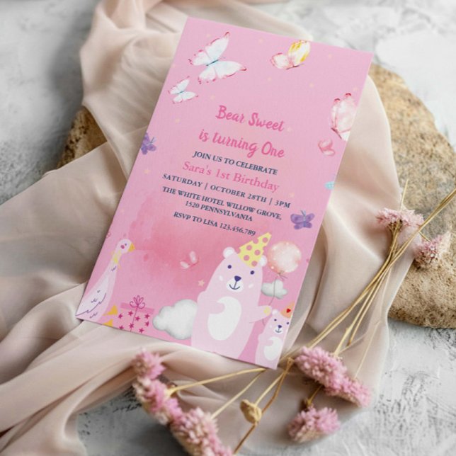 Teddy Bear and duck Pink 1st Birthday baby Girl Invitation (Creator Uploaded)