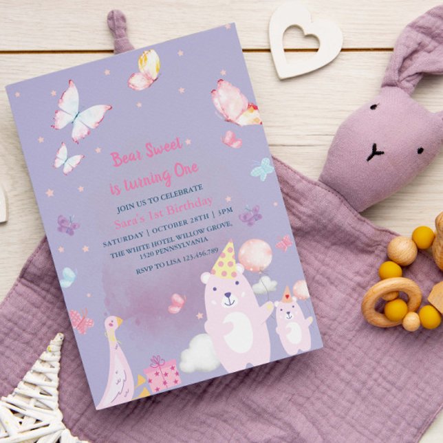 Teddy Bear and duck Purple 1st Birthday baby Girl Invitation (Creator Uploaded)