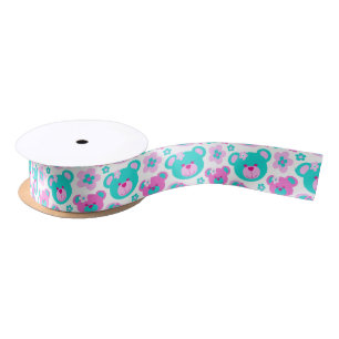 Teddy bear and flower pink aqua white ribbon satin ribbon