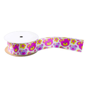 Teddy bear and flower pink yellow white ribbon satin ribbon