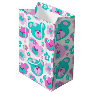 Teddy bear and flowers pink aqua white gift bag