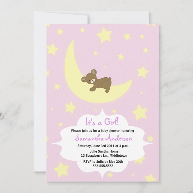 Teddy Bear and Moon Baby Shower Invite - Girl (Front)