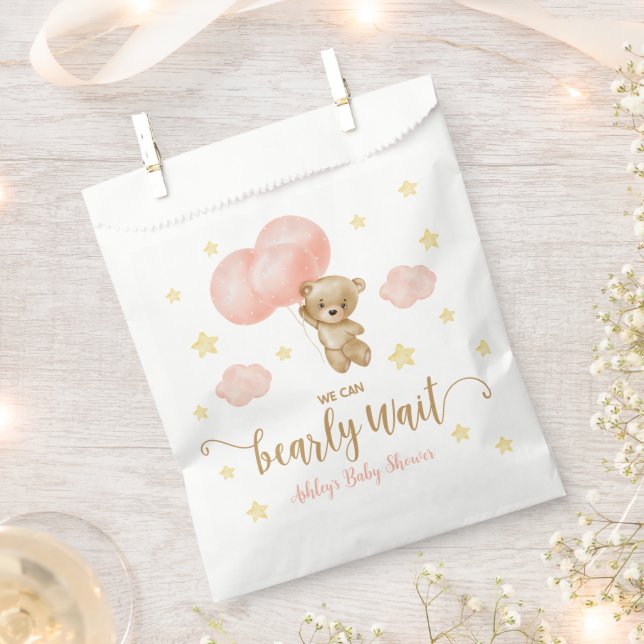 Teddy Bear and Pink Balloons Baby Shower Favour Bag (Clipped)