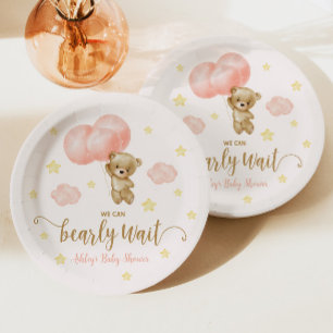 Teddy Bear and Pink Balloons Baby Shower Paper Plate