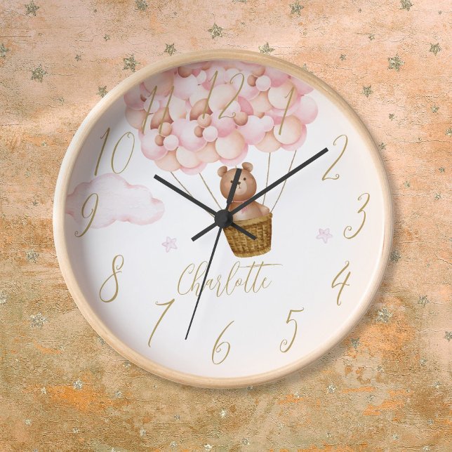 Teddy Bear And Pink Balloons Personalised Clock (Teddy Bear And Pink Balloons Personalized Clock)