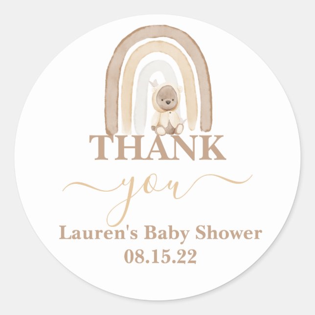Teddy Bear and Rainbow Baby Shower Round Sticker (Front)
