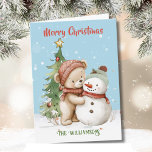 Teddy Bear and Snowman Christmas Tree  Card<br><div class="desc">This teddy bear sure has heart -- the Teddy Bear and Snowman Watercolor Christmas Tree Card -- will send your message for the holiday season with joy and good humour. Dressed for the season and filled with good cheer. Personalised with your name in front; message on the inside and an...</div>