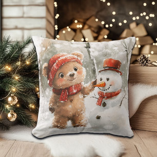 Teddy Bear and Snowman Cushion