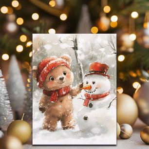 Teddy Bear and Snowman Holiday Postcard