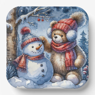 Teddy Bear and Snowman Paper Plate
