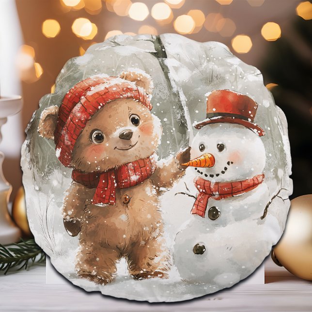 Teddy Bear and Snowman Round Cushion (Creator Uploaded)