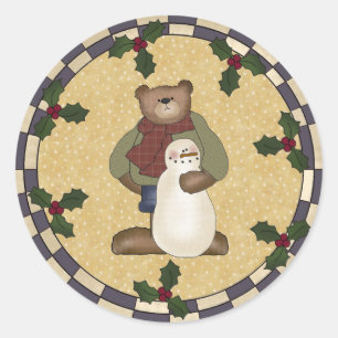 Teddy Bear and Snowman Round Stickers
