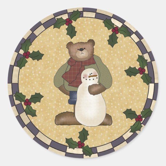 Teddy Bear and Snowman Round Stickers (Front)
