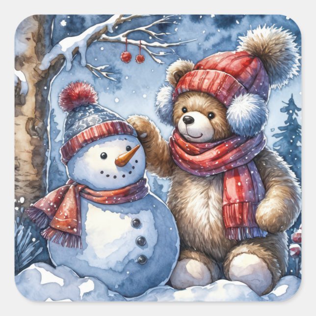 Teddy Bear and Snowman Square Sticker (Front)