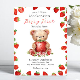 Teddy Bear and Strawberry Berry First Birthday Invitation