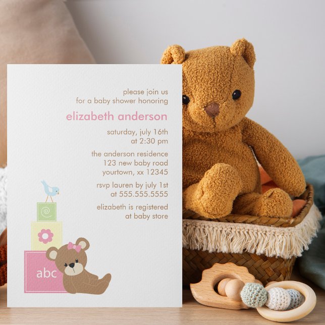 Teddy Bear and Toy Blocks Girl Baby Shower Invitation (Creator Uploaded)