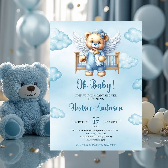 Teddy bear angels wings with baby crib invitation (teddy bear angel in  baby crib - boy baby shower invitation)