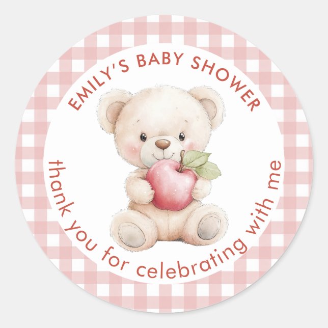 Teddy Bear Apple Gingham Thank You Baby Shower  Classic Round Sticker (Front)