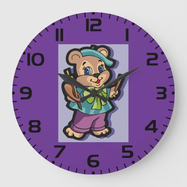 Teddy Bear Artist with Beret and Paint Brushes Large Clock (Front)