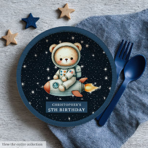 Teddy Bear Astronaut Baby Boy Birthday Custom Paper Plate