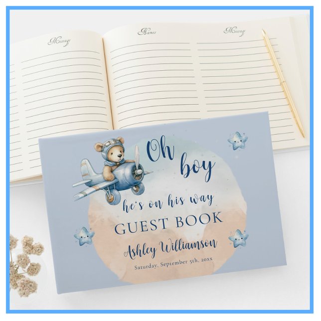 Teddy Bear Aviator Oh Boy Baby Shower Guest Book (Creator Uploaded)