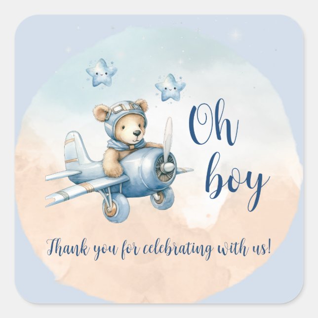Teddy Bear Aviator Oh Boy Baby Shower  Square Sticker (Front)