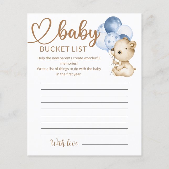 Teddy Bear Baby Bear Baby Shower Bucket List (Front)