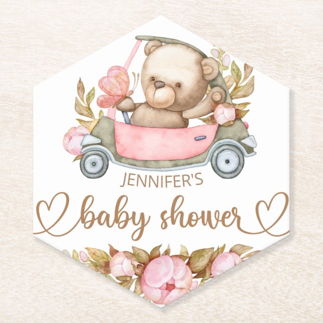 Teddy Bear Baby Bear Baby Shower Floral  Paper Coa Coaster (Front)