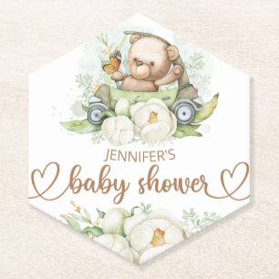 Teddy Bear Baby Bear Baby Shower Floral Paper Coaster