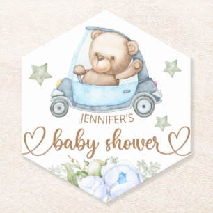 Teddy Bear Baby Bear Baby Shower Floral Paper Coaster